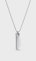 A silver-toned ball chain necklace with a minimalist vertical rectangular pendant, shown against a light gray background.