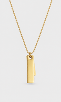 A gold ball chain necklace with a minimalist, double-layered vertical rectangular bar pendant, shown against a light gray background.