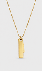 A gold ball chain necklace with a minimalist, double-layered vertical rectangular bar pendant, shown against a light gray background.
