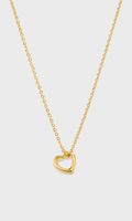 A delicate gold chain necklace featuring a small, polished open heart pendant, displayed against a clean, light gray background.