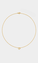 A delicate gold chain necklace with a small open heart pendant, displayed on a clean light gray background.