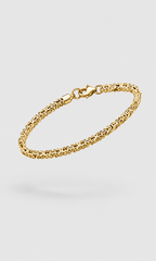 A gold-toned metal chain bracelet with a lobster clasp, displayed on a light gray background.