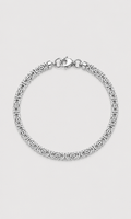 A silver-toned chain bracelet with a textured, interlocking link pattern and a lobster clasp, displayed on a light gray background.