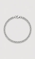 A silver-toned chain bracelet with a textured, interlocking link pattern and a lobster clasp, displayed on a light gray background.