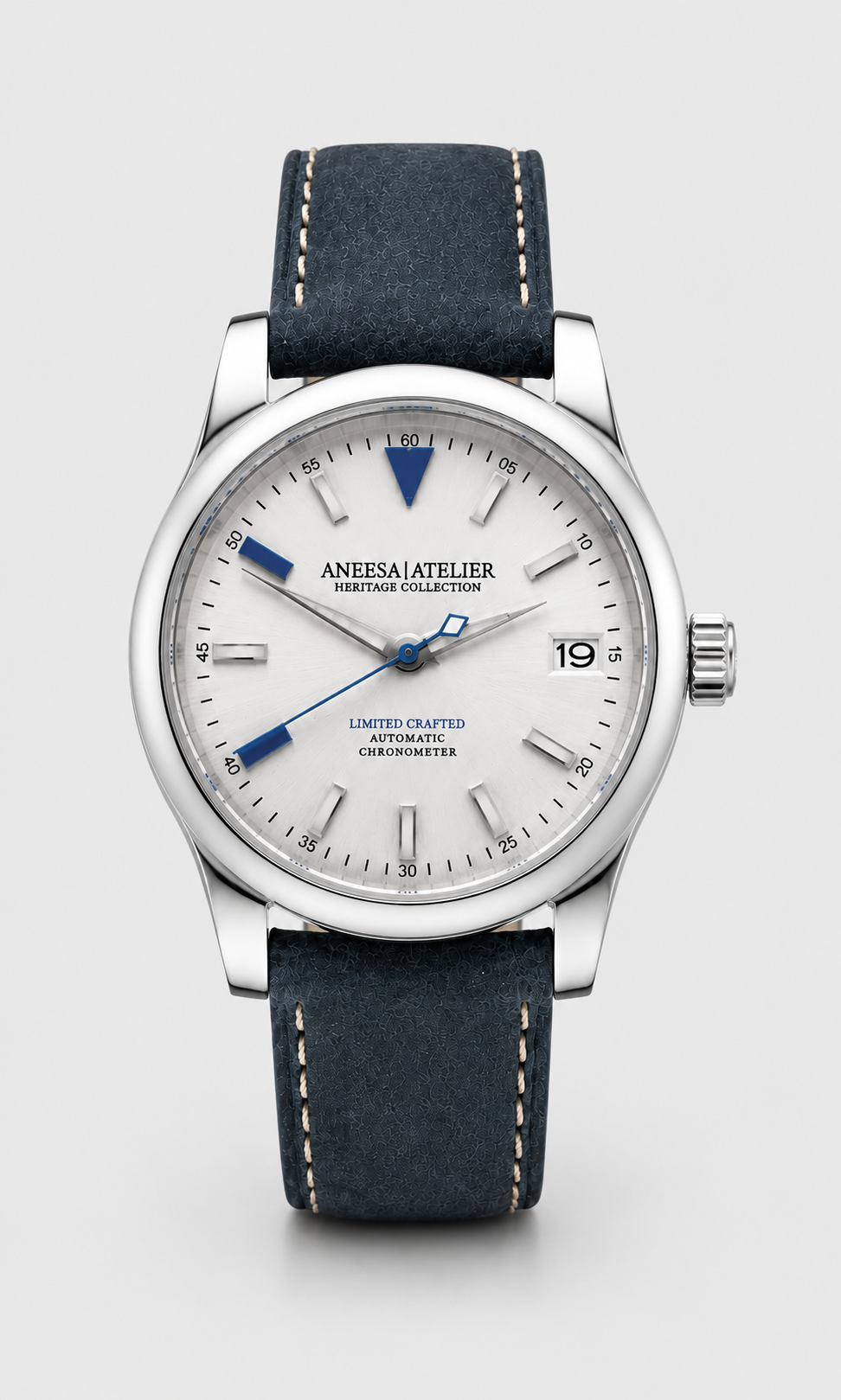 Aneesa Atelier Heritage limited watch with a blue suade strap and automatic movement. Classy