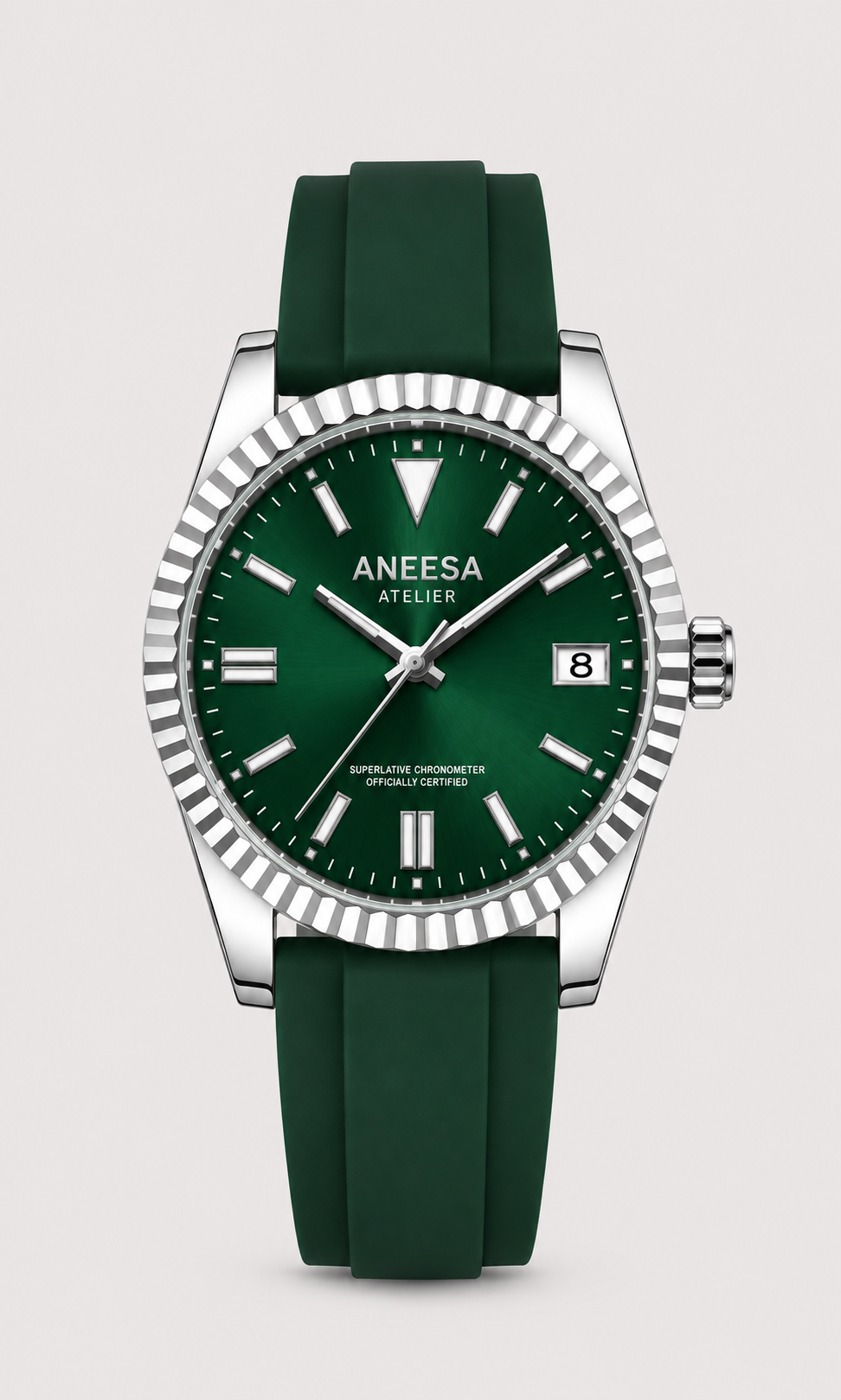Aneesa wrist watch with a green dial and green rubber strap, featuring a silver fluted bezel and date window, shown against a light gray background.