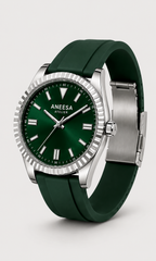 Green sportswatch with an automatic movement and a rubber strap. 