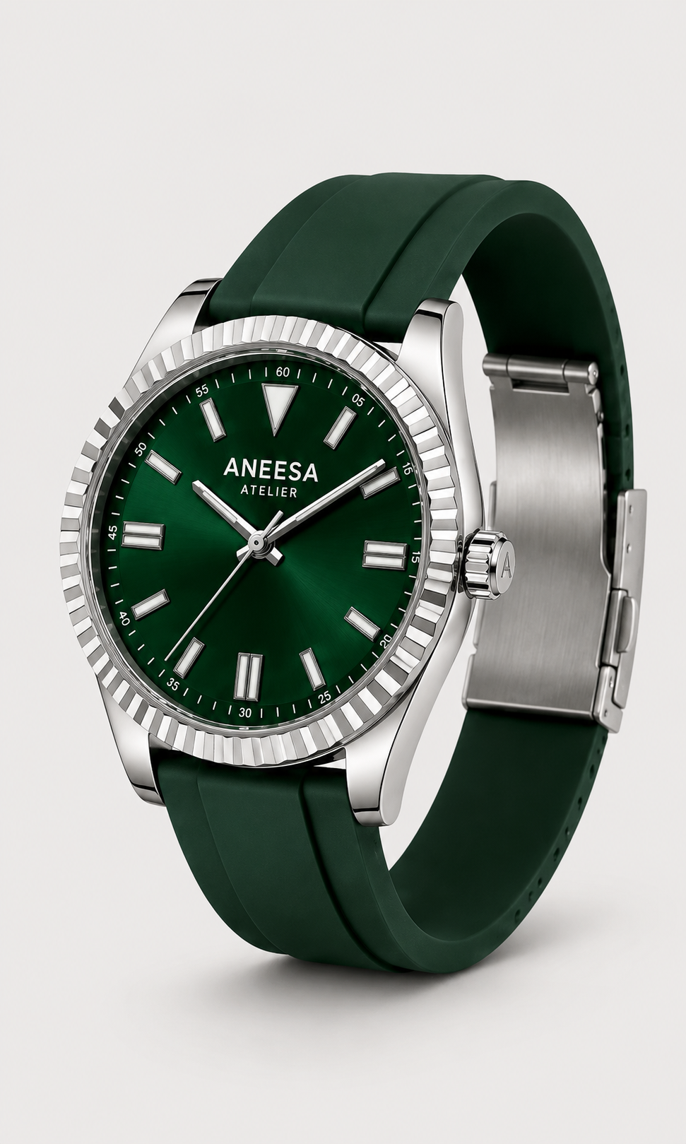Green sportswatch with an automatic movement and a rubber strap. 
