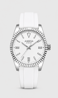 Aneesa wrist watch with a white dial, silver-tone fluted bezel, and a white silicone strap, centered on a light gray background.