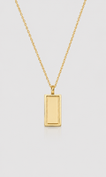 A gold rectangular pendant necklace with a smooth, polished finish on a delicate gold chain, presented on a light gray background.