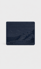SEASIDE navy leather card holder with embossed Mediterranean coastal village design by ANEESA Atelier