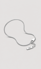 A silver snake chain necklace with a small rectangular metal tag engraved with the brand name 'ANEESA ATELIER', displayed on a light gray background.