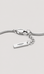A silver snake chain necklace with a small rectangular metal tag engraved with the brand name 'ANEESA ATELIER', displayed on a light gray background.