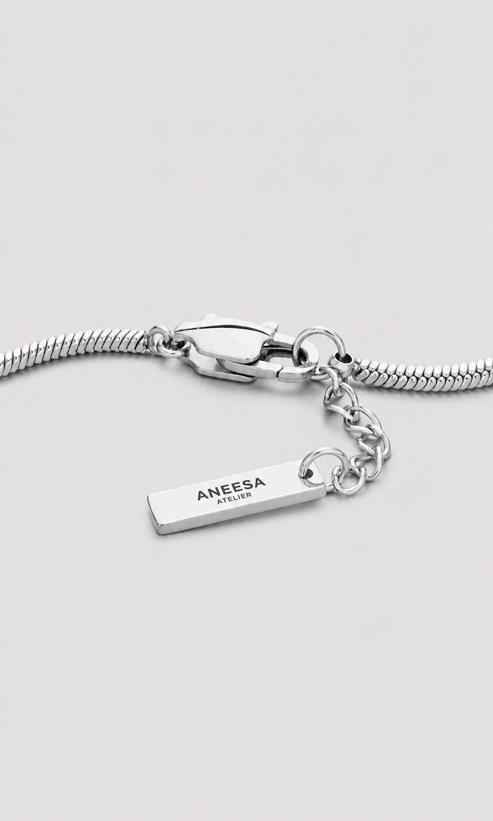 A silver snake chain necklace with a small rectangular metal tag engraved with the brand name 'ANEESA ATELIER', displayed on a light gray background.