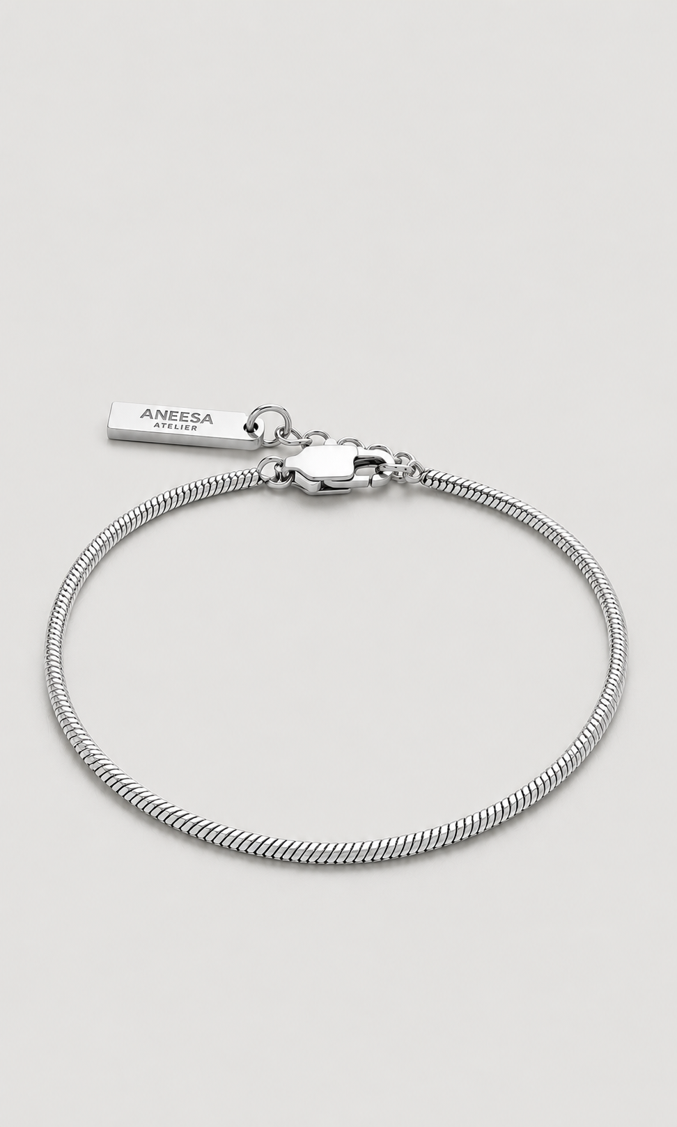 A silver-toned snake chain bracelet with a lobster clasp and a small rectangular brand tag engraved with 'ANEESA', shown on a light gray background.