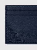 SEASIDE navy leather card holder with embossed Mediterranean coastal village design by ANEESA Atelier