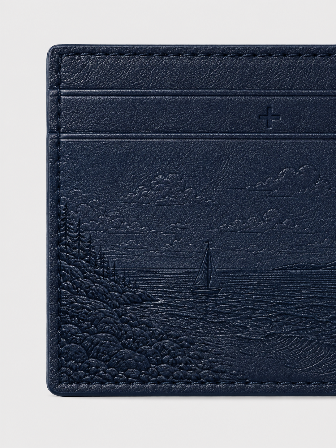 SEASIDE navy leather card holder with embossed Mediterranean coastal village design by ANEESA Atelier