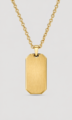 A gold dog tag pendant necklace with a brushed finish, suspended from a gold link chain against a light gray background.