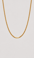 A gold rope chain necklace with a lobster clasp, shown against a solid light gray background.